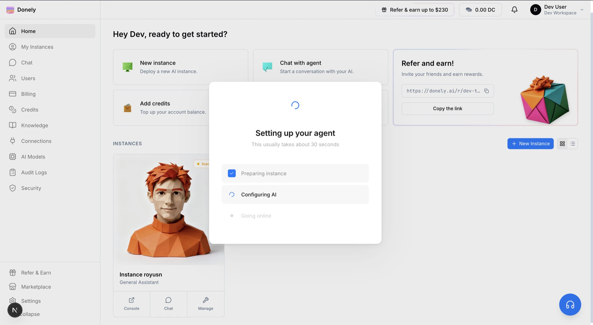 Donely dashboard - Deploy in 60 seconds