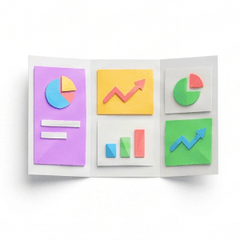 Dashboards for founders and team leads - origami folder of pie charts, trend lines and KPI panels