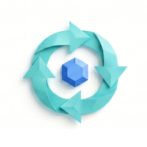Deploy closed-loop agents - origami ring of arrows circling a blue core representing a self-improving loop