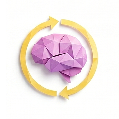 Persistent memory - origami brain inside a loop of arrows representing continuous memory