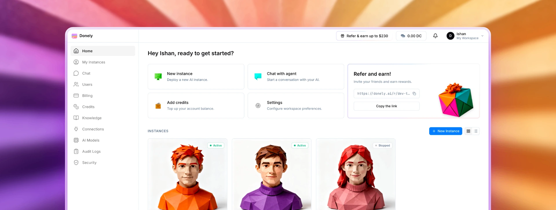 Donely dashboard showing isolated workspaces with separate AI instances
