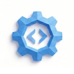 Software factories - origami blue gear with code brackets representing automated build pipelines