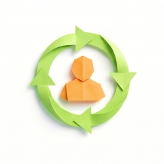 Human-in-the-loop - origami person inside arrows representing approval flow