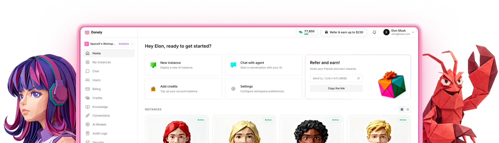 Donely platform dashboard with AI agents