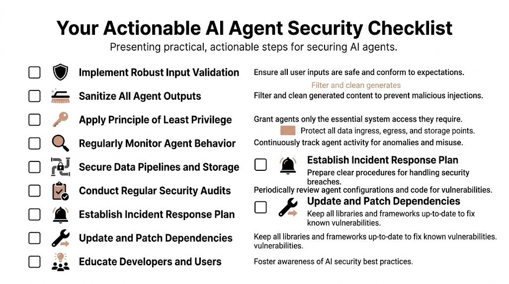 A comprehensive security checklist infographic outlining essential actionable steps for protecting AI agents from potential cyber threats.