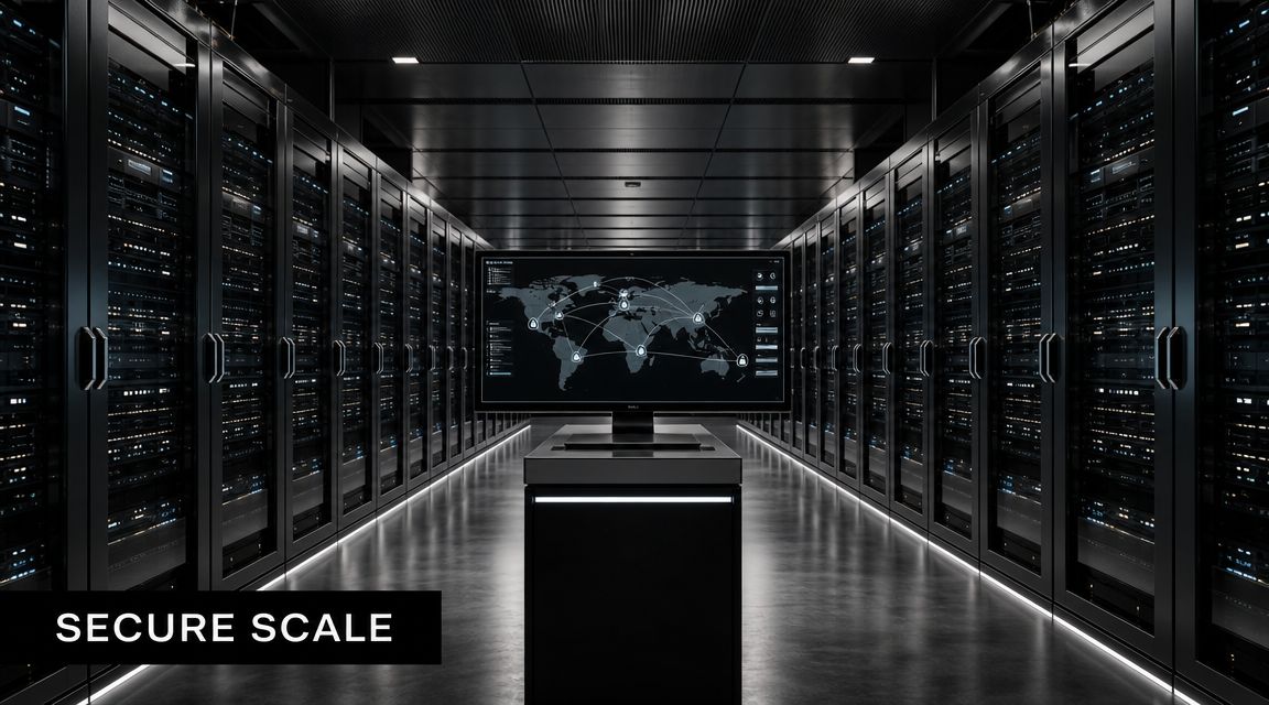A professional data center featuring rows of server racks and a central monitor displaying global network connections.
