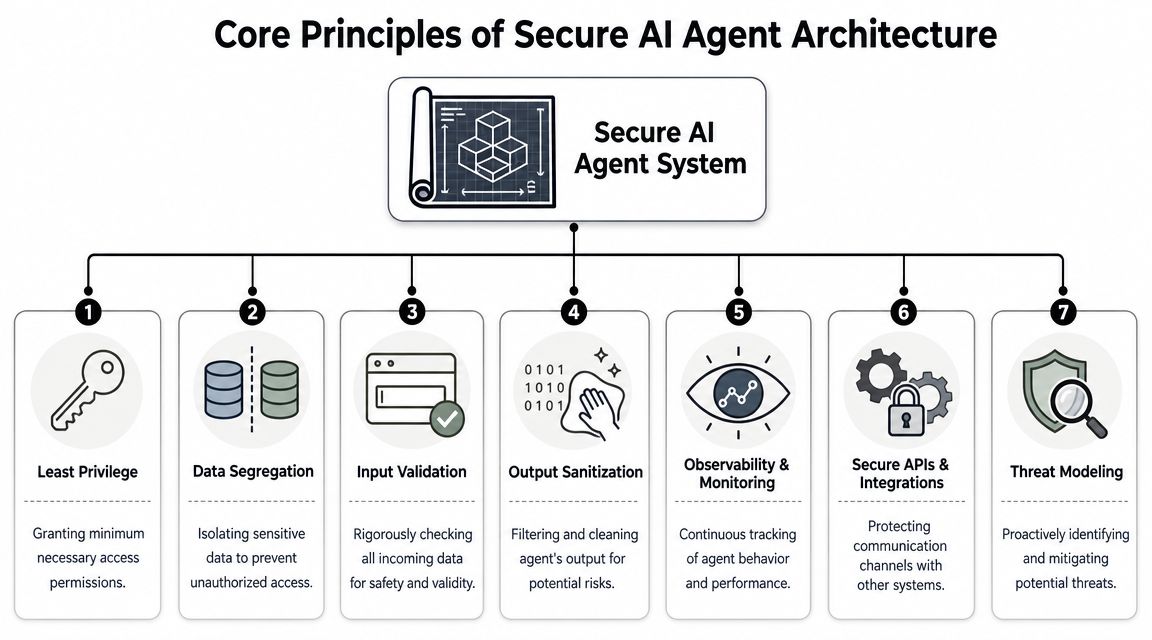 A diagram outlining seven core principles for designing a secure AI agent system and architecture.