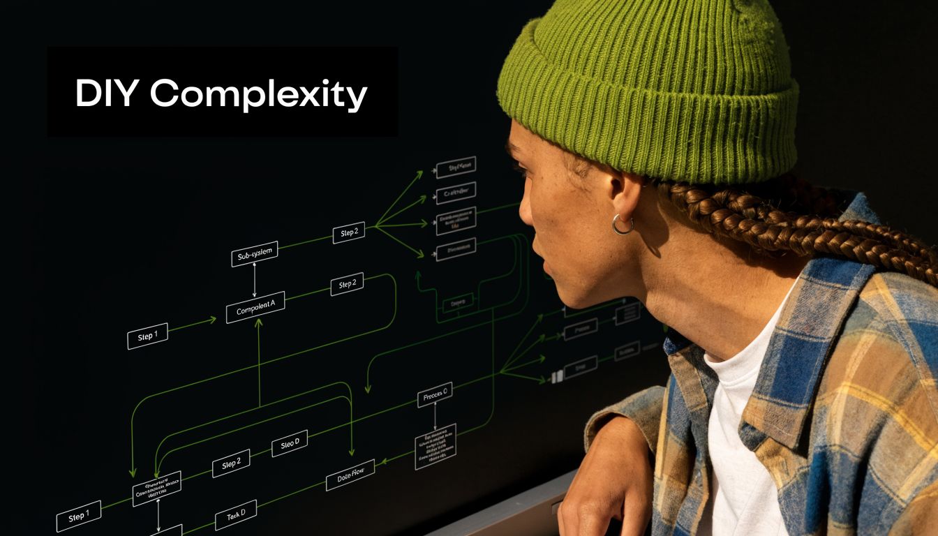 A person in a beanie and plaid shirt looking at a complex technical diagram on a screen.