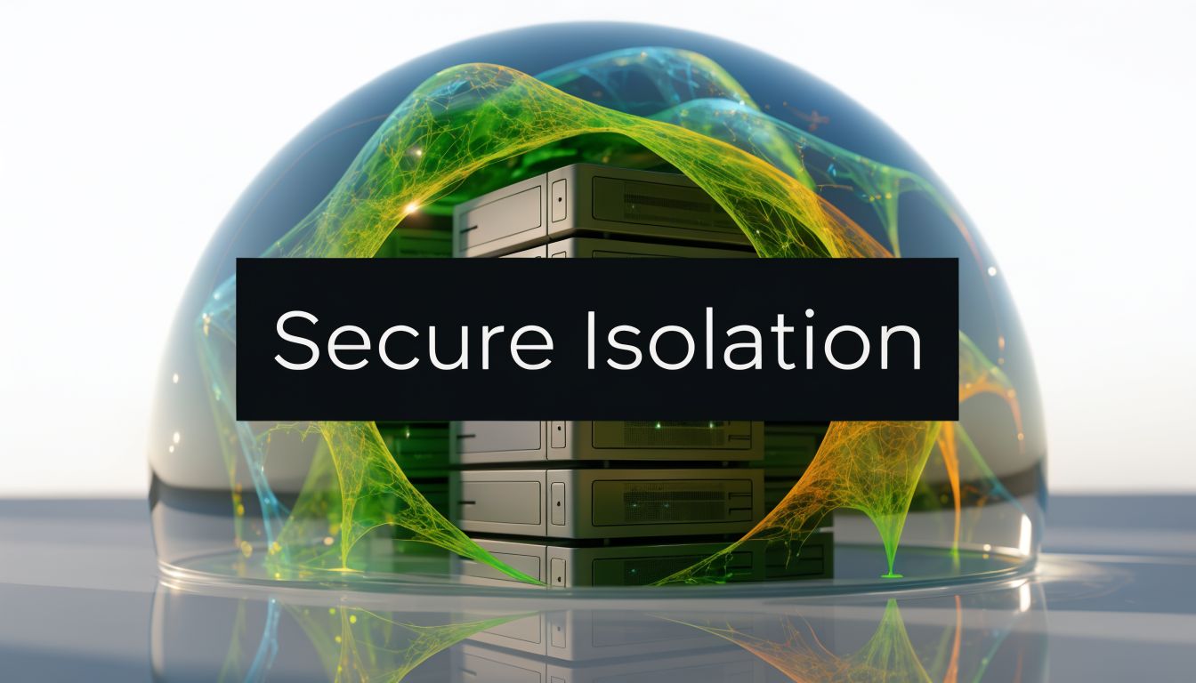 A server rack protected inside a glowing, translucent digital dome symbolizing secure cloud infrastructure and isolation.