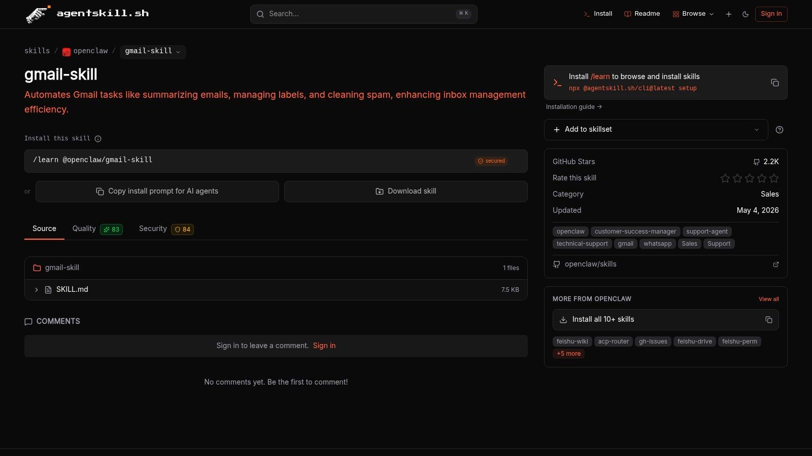 Gmail Skill (openclaw/gmail-skill)