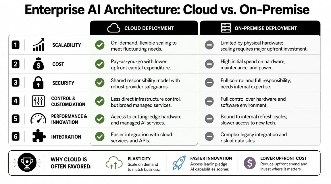 A comparison table showcasing the advantages and differences between Cloud and On-Premise Enterprise AI deployment models.