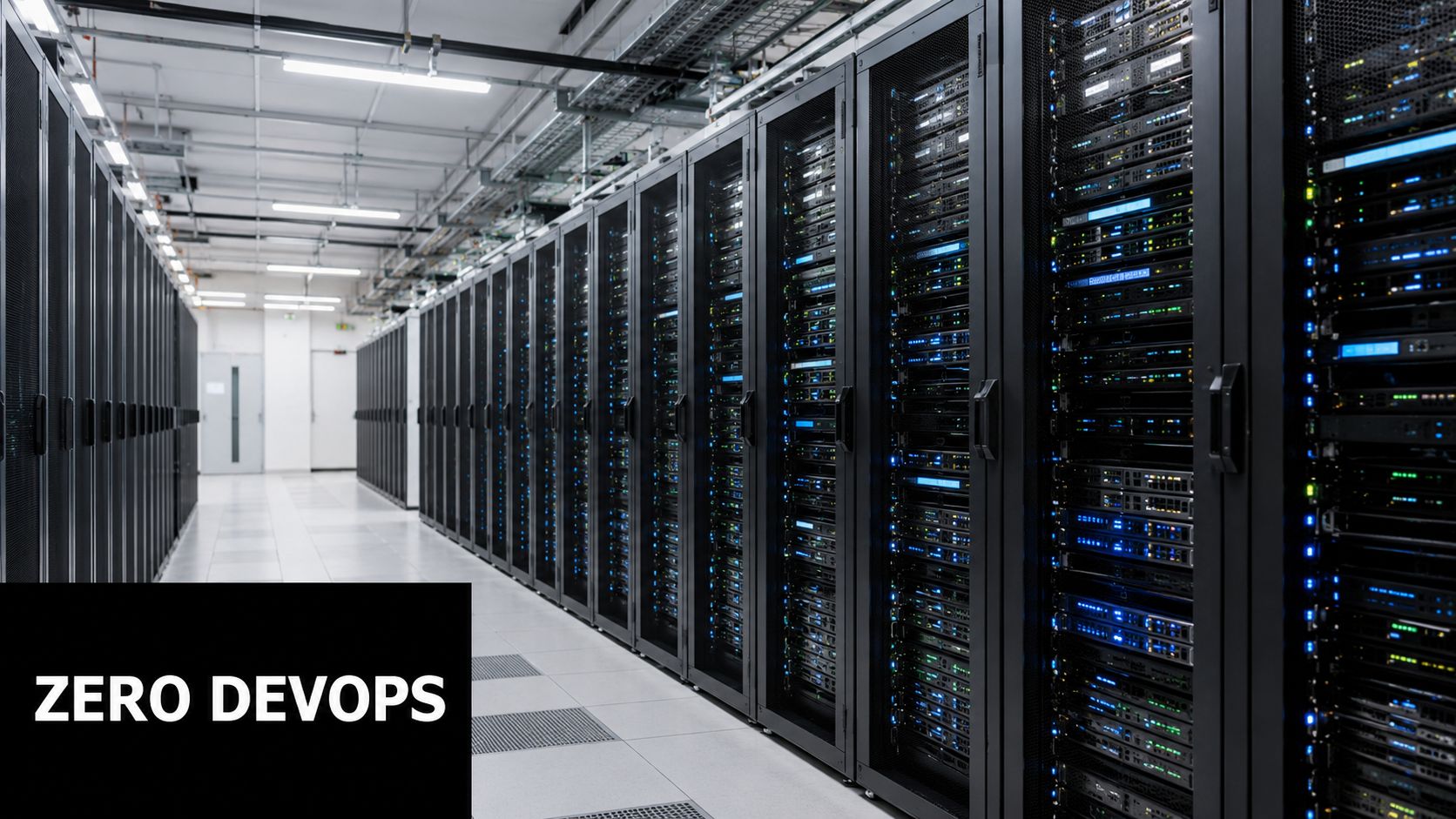 A long aisle of tall, black server racks in a modern data center with glowing status lights.
