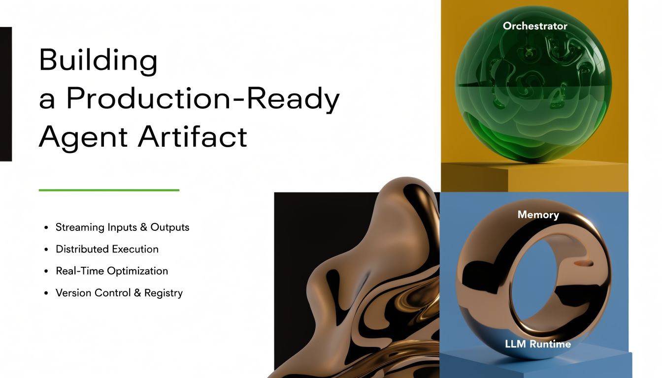 A conceptual slide about building production-ready AI agent artifacts with abstract 3D visual elements and key features.