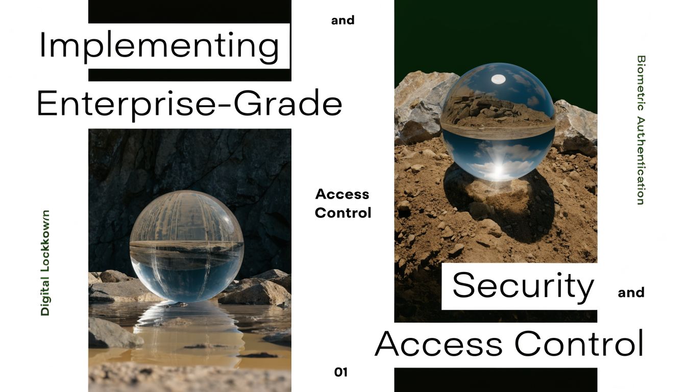 A conceptual graphic titled Implementing Enterprise-Grade Security featuring abstract glass spheres reflecting rocky terrain landscapes.