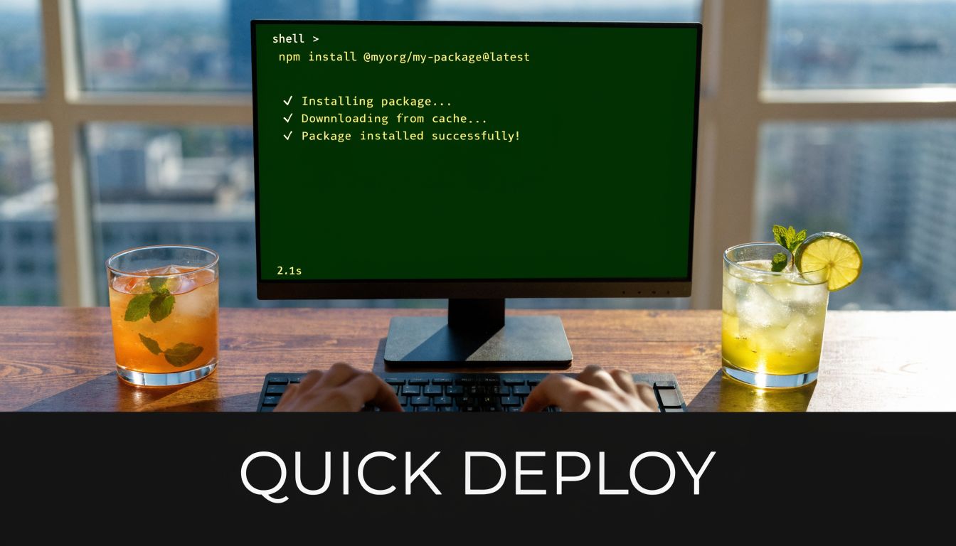 A person coding on a computer with drinks nearby, showing a terminal installation process on screen.