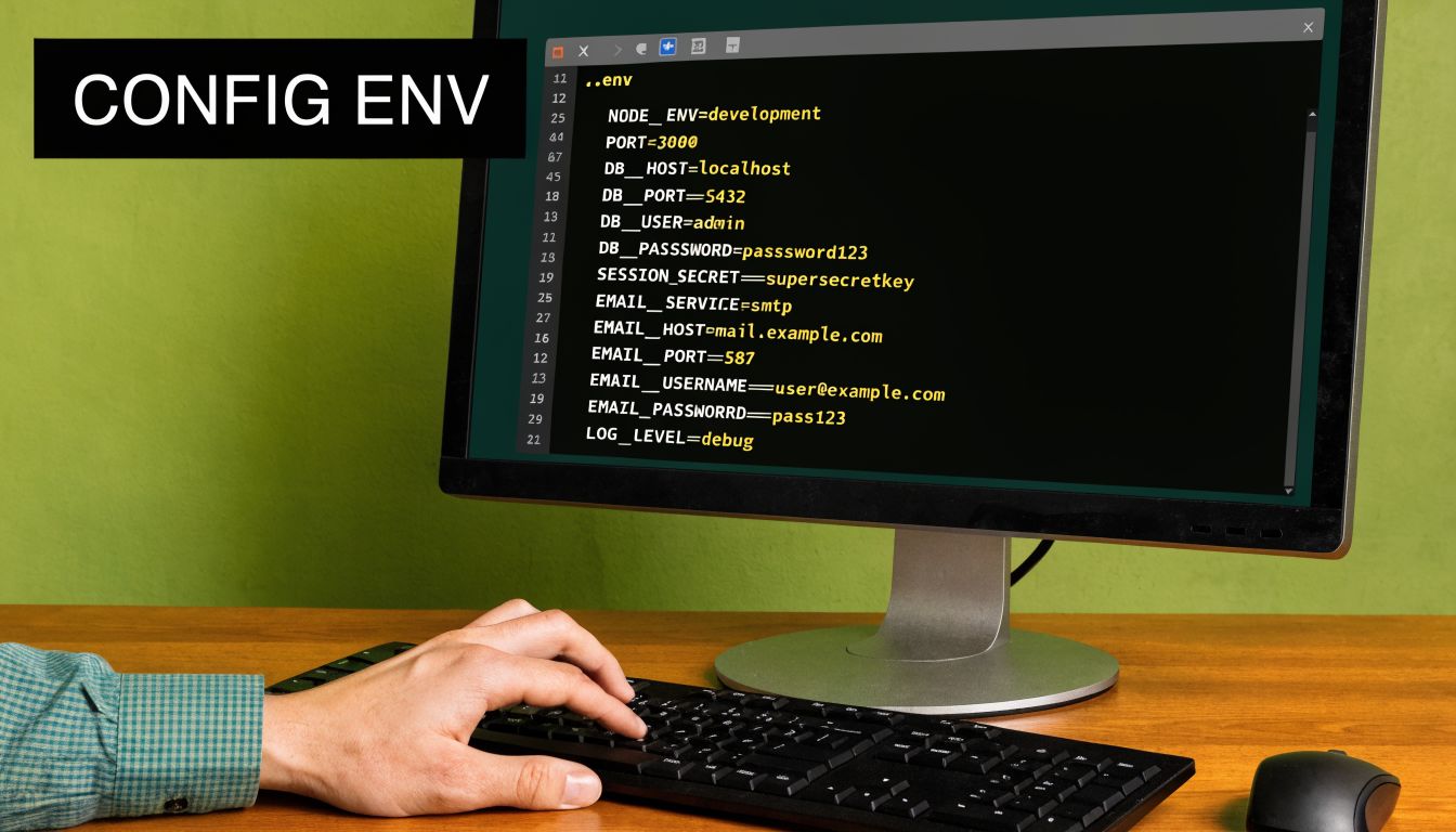 A person typing on a computer keyboard in front of a monitor displaying configuration environment variables code.
