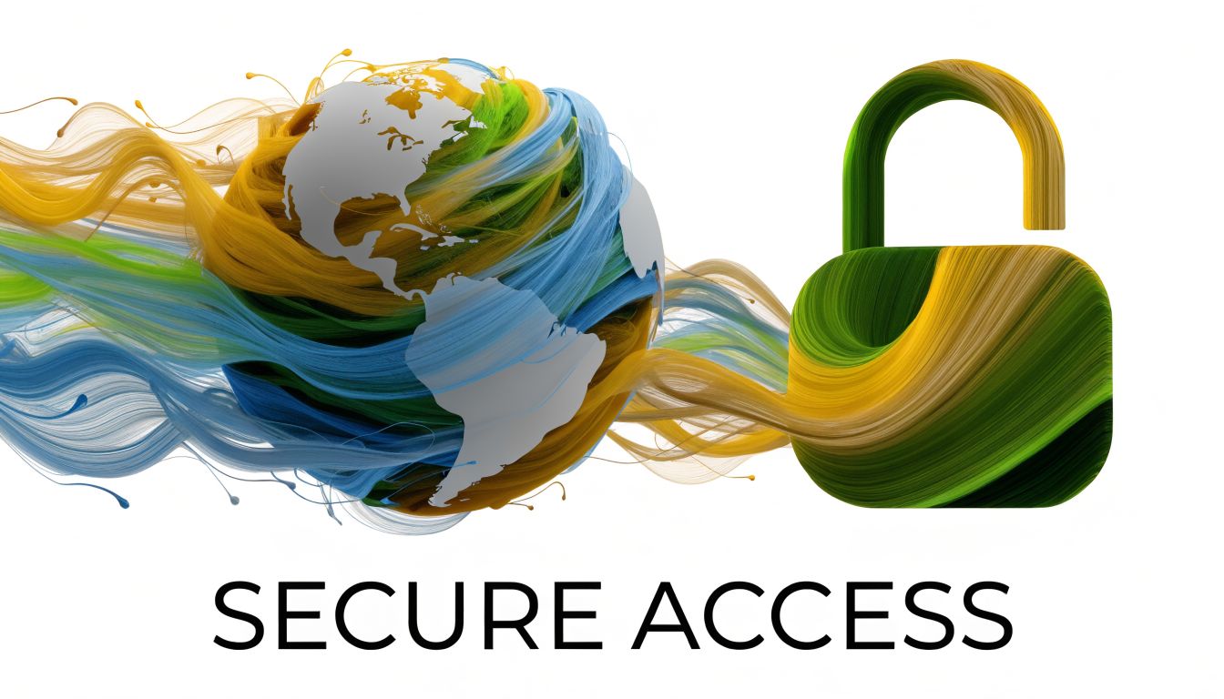 A stylized globe made of flowing colorful fibers connecting to a secure digital padlock symbol.