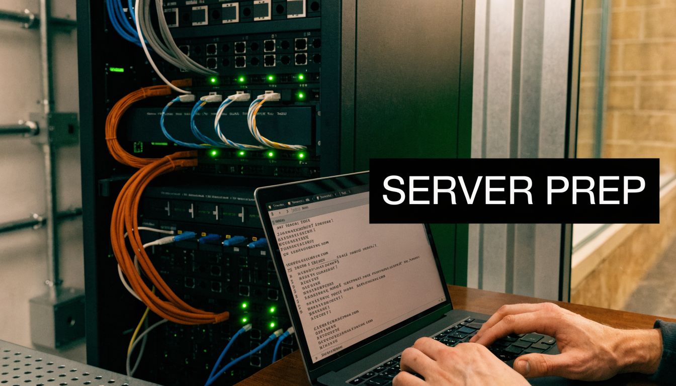 A technician configuring a server rack while working on a laptop computer in a server room.
