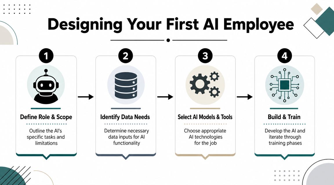 A flowchart infographic titled Designing Your First AI Employee illustrating four steps to create AI systems.
