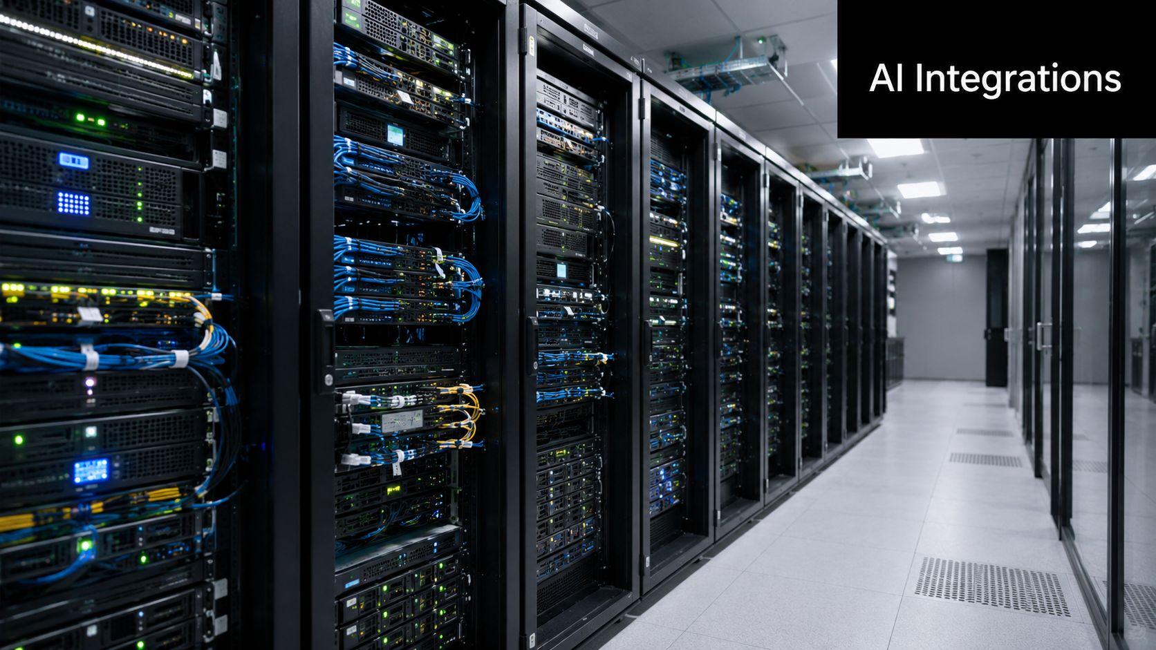 A long aisle in a modern data center with rows of server racks and glowing indicators.