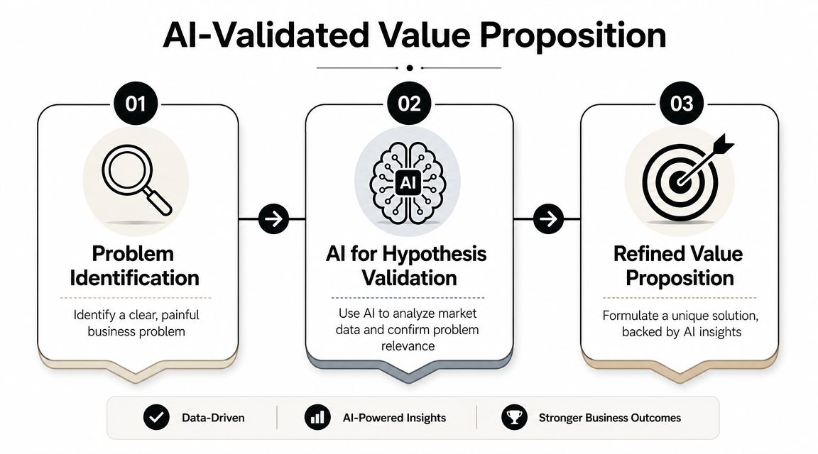 A diagram illustrating a three-step process for creating an AI-validated business value proposition.