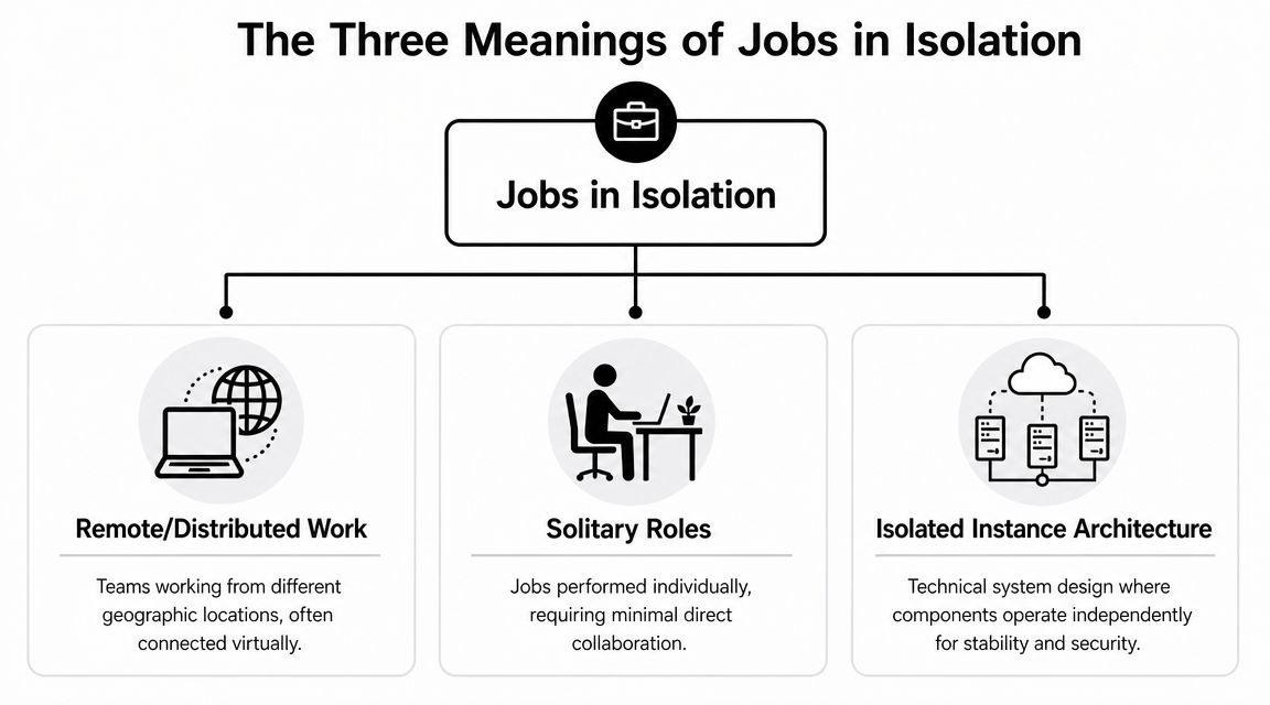 A diagram illustrating the three different meanings of jobs in isolation: remote work, solitary roles, and isolated architecture.
