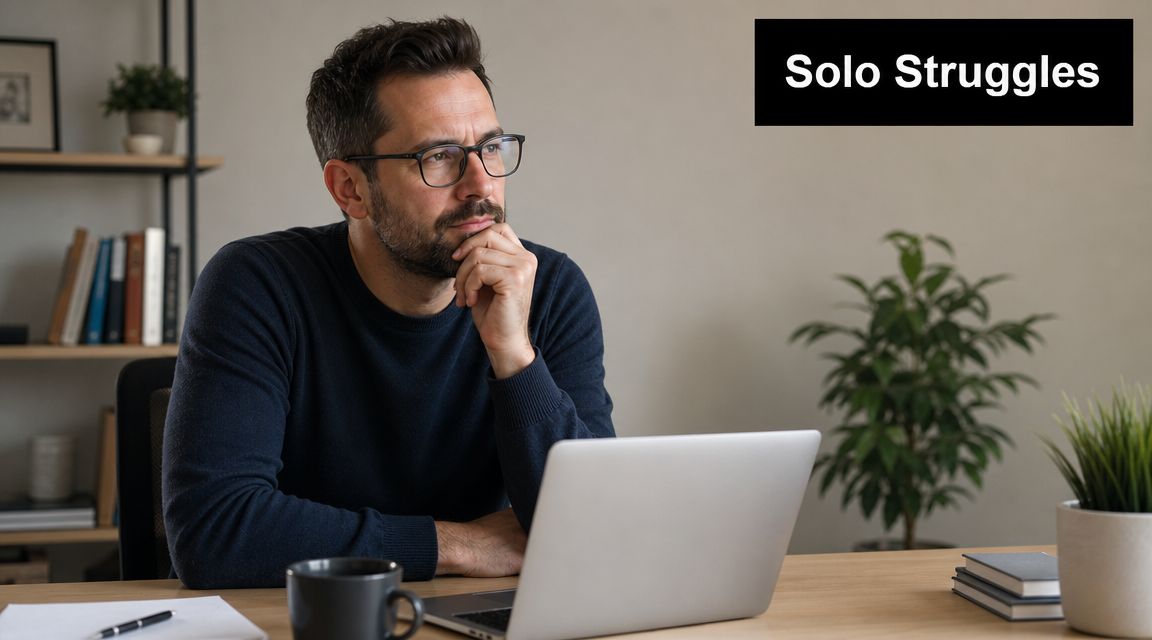 A pensive man with glasses sitting at a wooden desk with a laptop, reflecting on solo work.