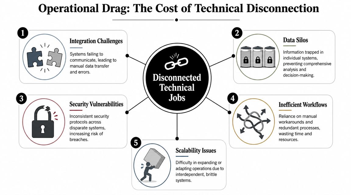 A diagram illustrating five key challenges of operational drag caused by disconnected technical jobs within an organization.