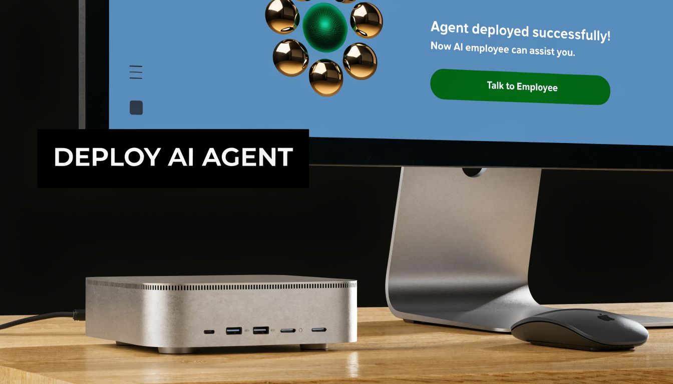 A modern computer setup featuring a Mac Mini on a wooden desk displaying an AI agent deployment interface.