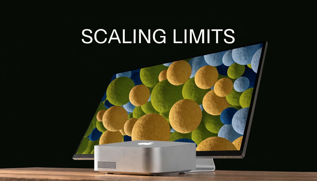 A silver Apple Mac Mini computer sits on a wooden surface in front of a computer monitor.