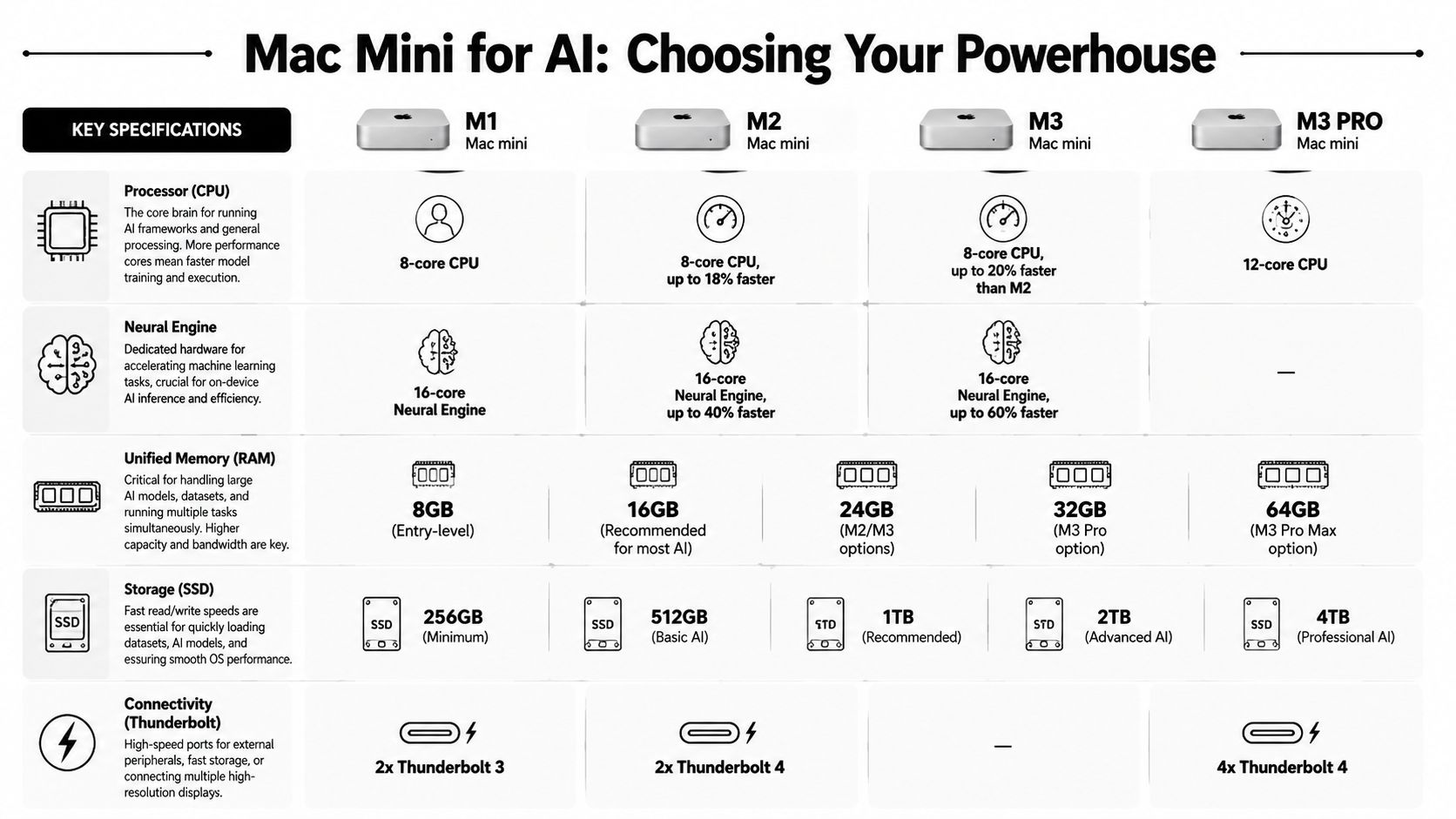 A comparison chart outlining key hardware specifications for Mac Mini models optimized for artificial intelligence tasks.