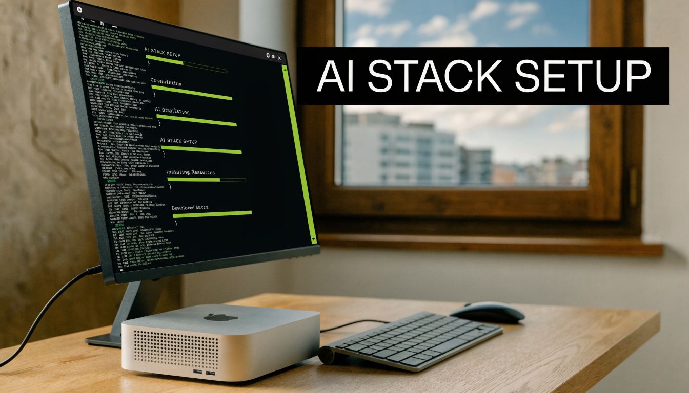 A modern workspace with a Mac Mini computer and a monitor displaying an AI stack setup process.