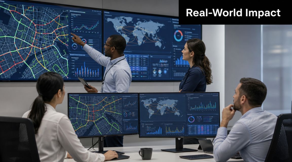 A professional team collaborating in a modern control room while viewing data visualizations on multiple computer monitors.