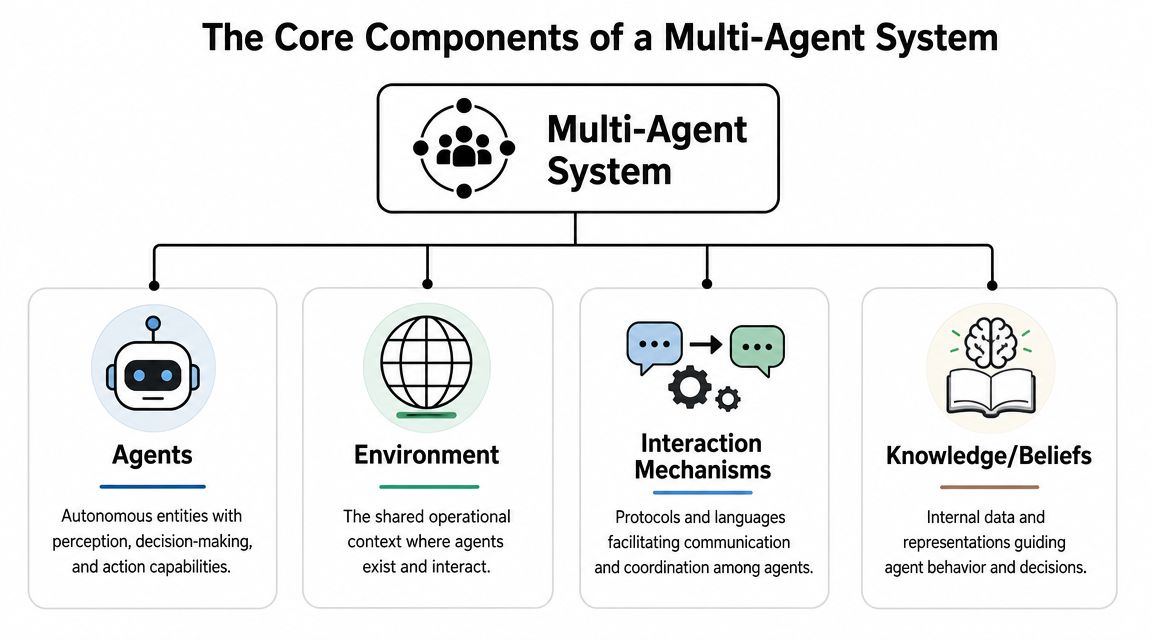 A diagram illustrating the four core components of a multi-agent system: agents, environment, interaction mechanisms, and knowledge.