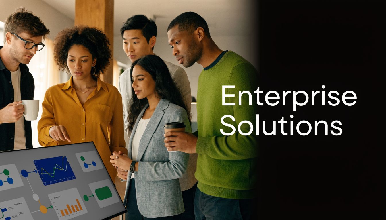 A diverse team of professionals collaboratively analyzing business data displayed on a monitor for enterprise solutions.