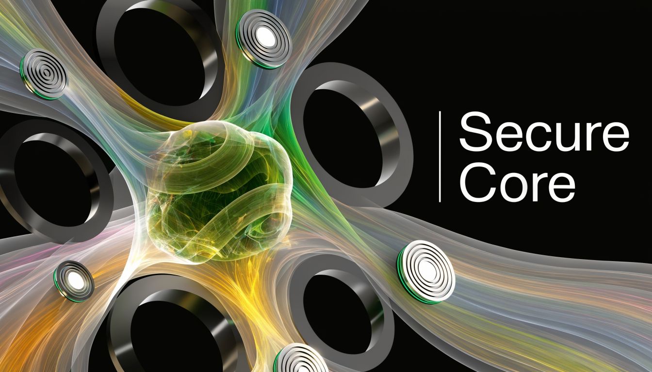 A 3D abstract digital illustration featuring a glowing central core connected to metallic rings and flowing light trails.