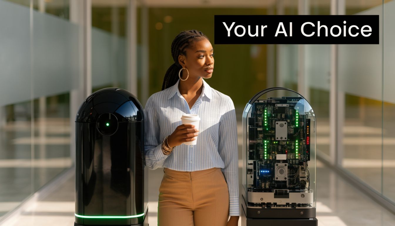A professional woman stands between a sleek black robot and an exposed circuit board robotic unit.