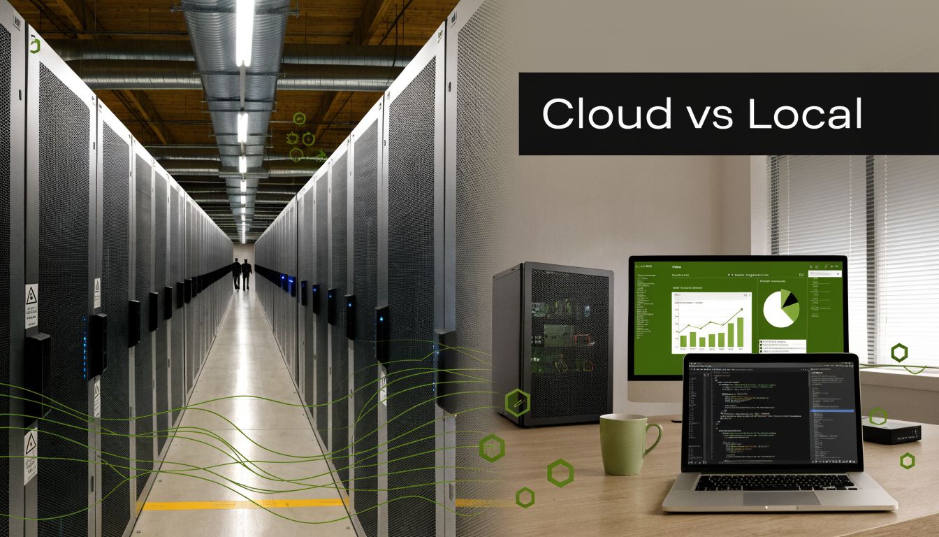 A split composition showing a large data center server room and a modern home office workspace.