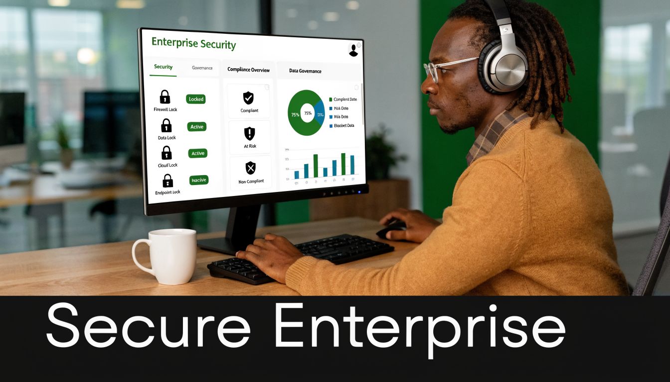 A professional man with headphones sitting at a desk and monitoring enterprise security data on a screen.