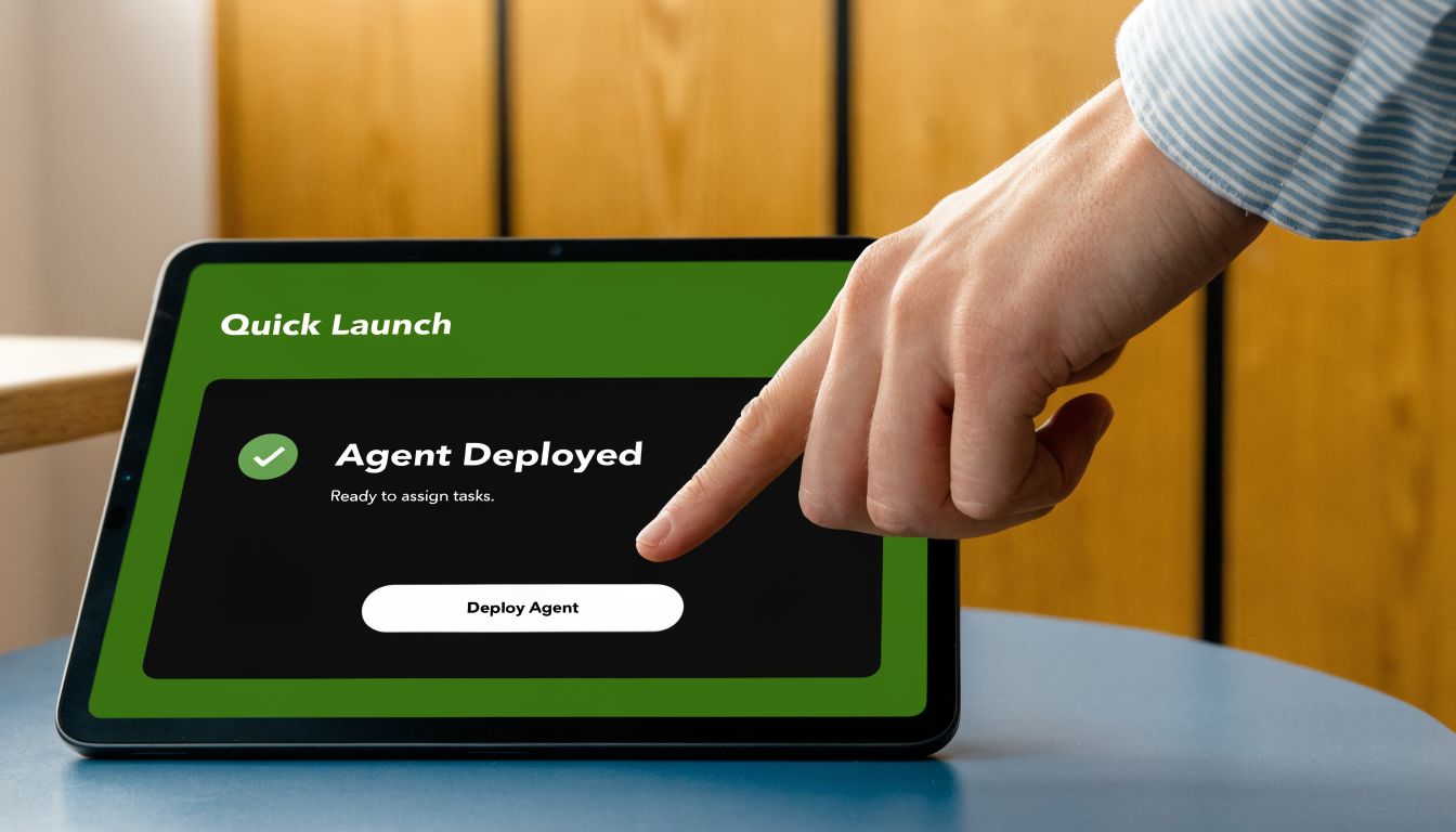 A person pointing at a digital tablet screen displaying a successful OpenClaw agent deployment confirmation message.