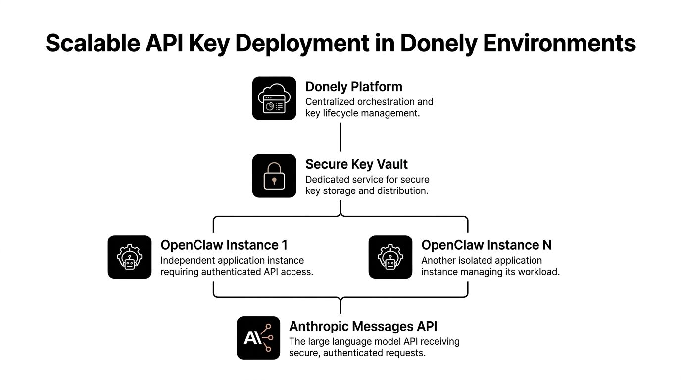 A technical diagram illustrating a secure, scalable API key deployment architecture using Donely, OpenClaw, and Anthropic APIs.