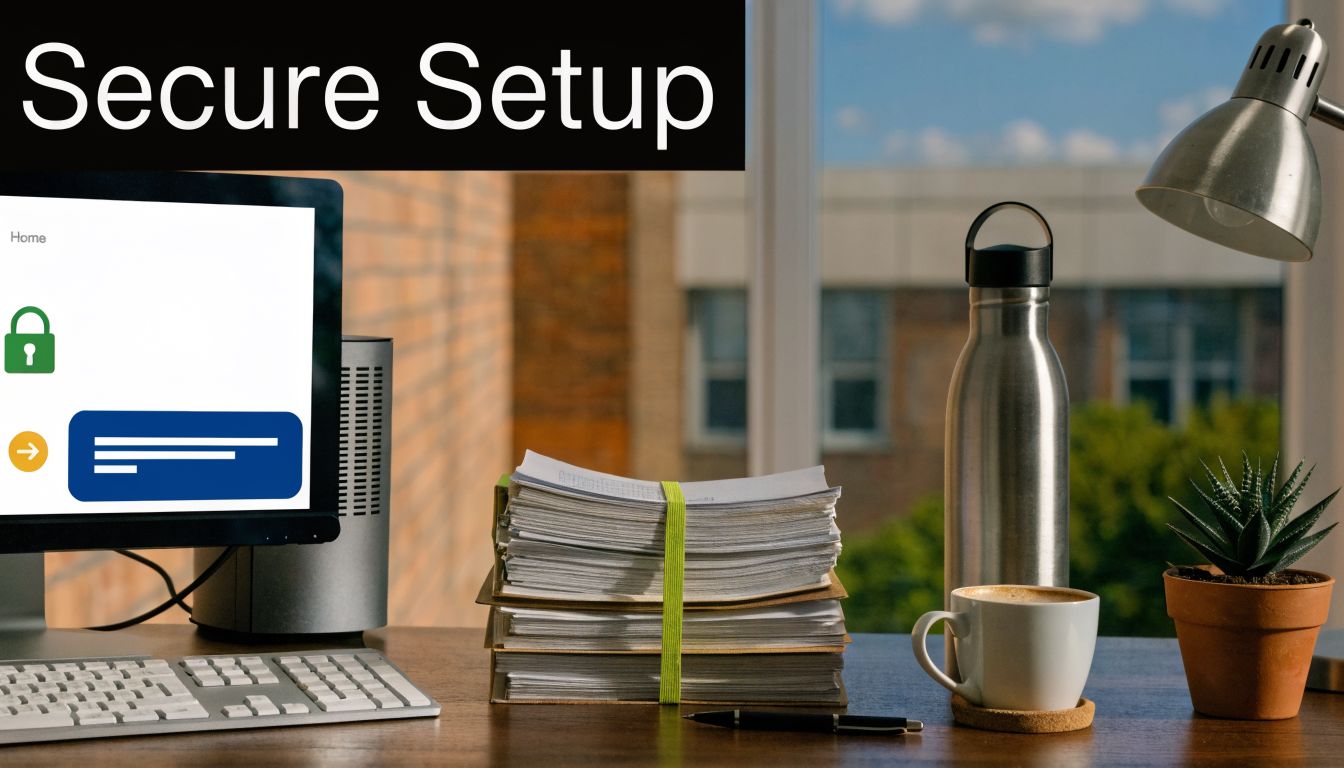A modern office desk setup with a computer screen displaying a secure login interface.