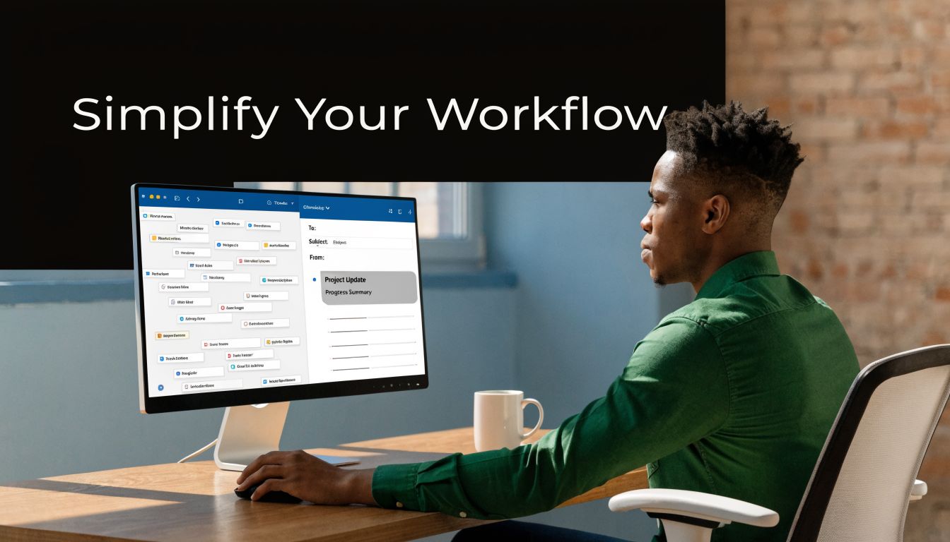 A man working on his computer in an office, focusing on a project management software interface.