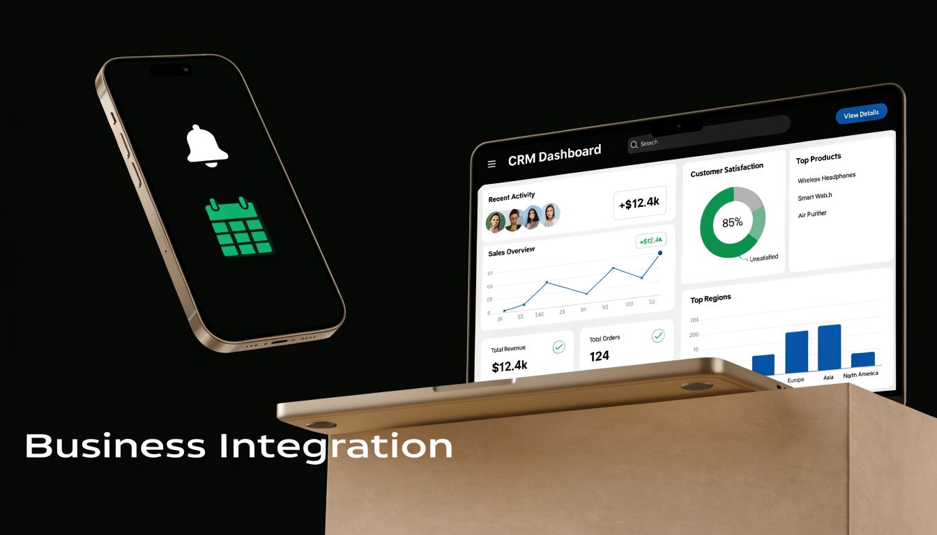 A 3D rendering featuring a mobile phone and a tablet displaying a CRM dashboard with business analytics.