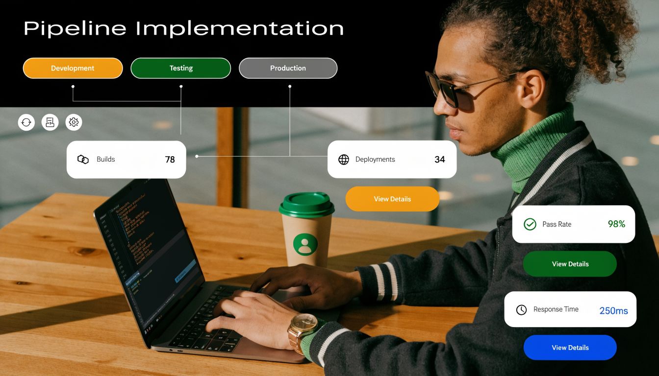 A person coding on a laptop with an overlay showing software pipeline implementation metrics and deployment statistics.