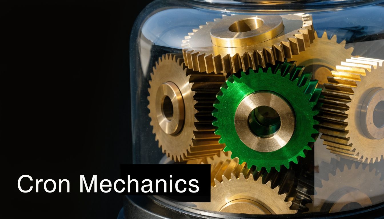 A close up view of brass and green gears inside a glass container with text Cron Mechanics.