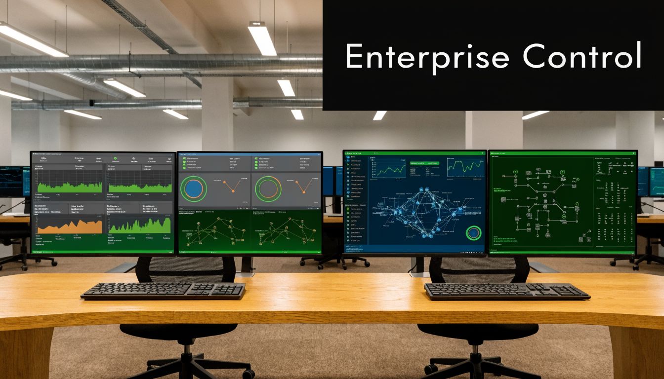 A modern office workspace featuring multiple monitors displaying complex data analytics and network topology monitoring software.