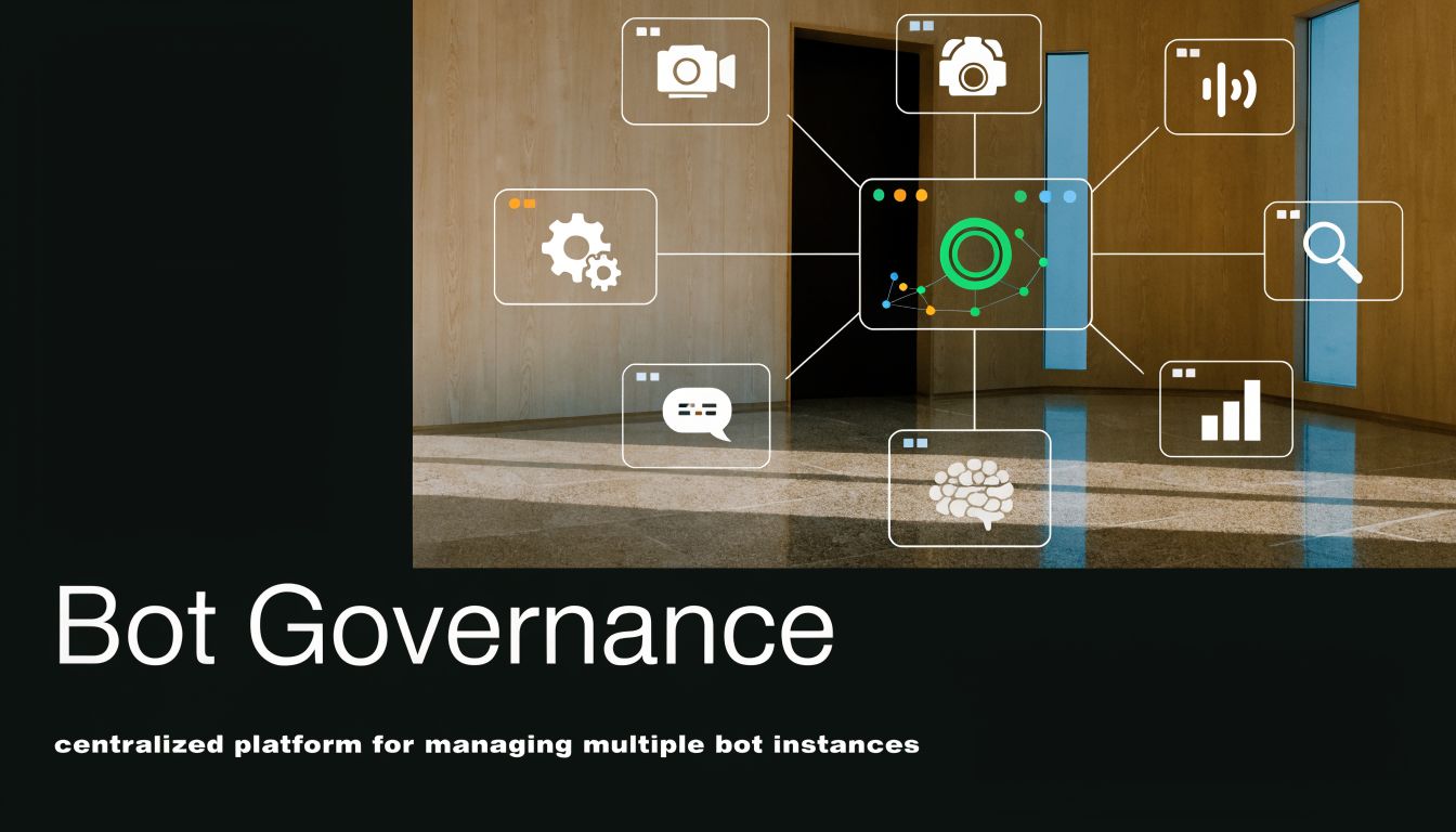 A digital graphic showcasing bot governance with a centralized management platform connecting various bot-related icons.