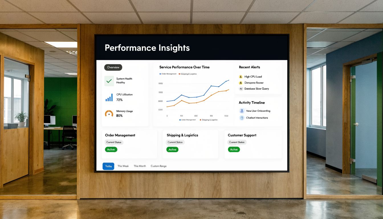 A digital display in a modern office showing performance insights, including service metrics, alerts, and system status.