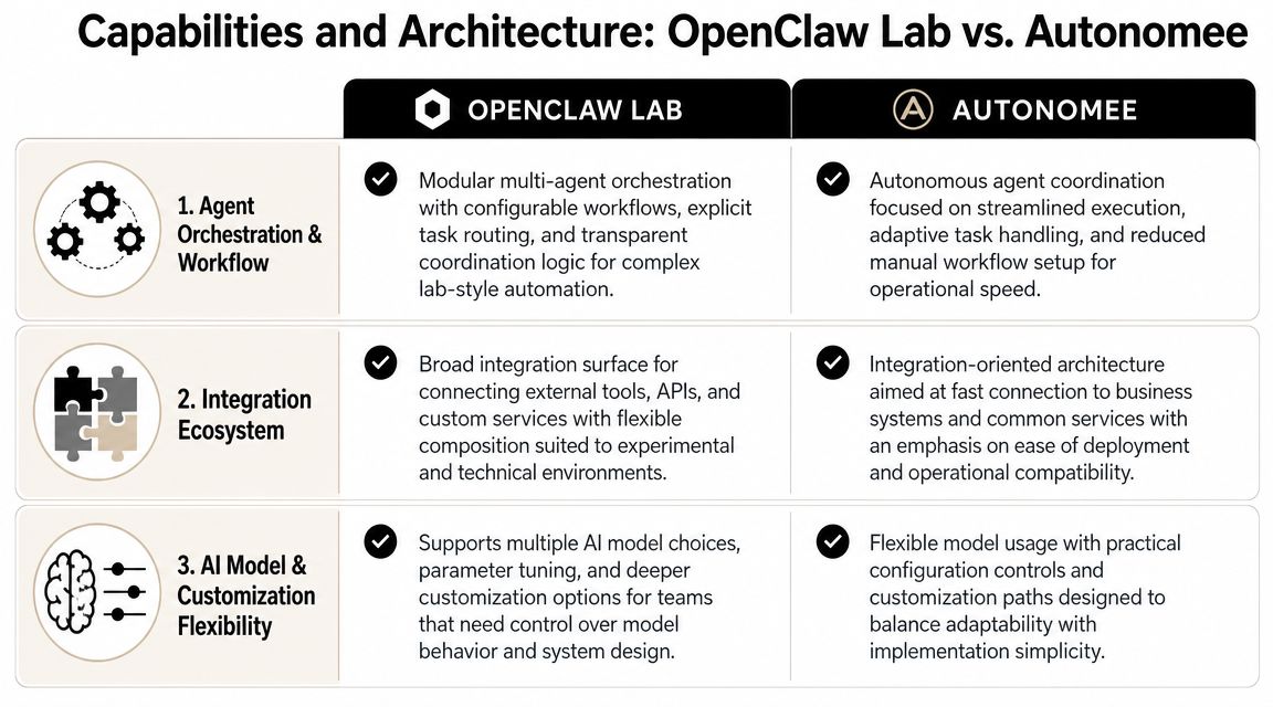 A comparison table outlining key differences in capabilities and architecture between OpenClaw Lab and Autonomee software platforms.